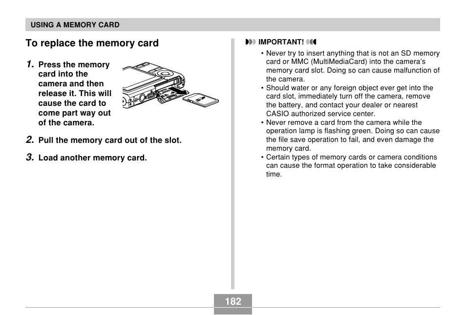To replace the memory card | Casio EX-Z60 User Manual | Page 182 / 256