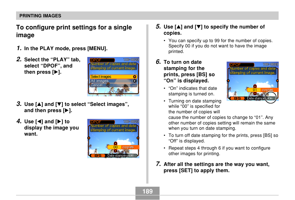 To configure print settings for a single image | Casio EX-Z60 User Manual | Page 189 / 256