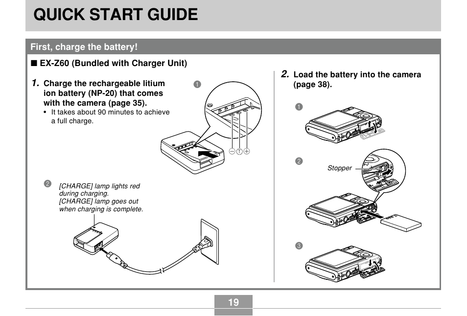 Quick start guide, First, charge the battery | Casio EX-Z60 User Manual | Page 19 / 256