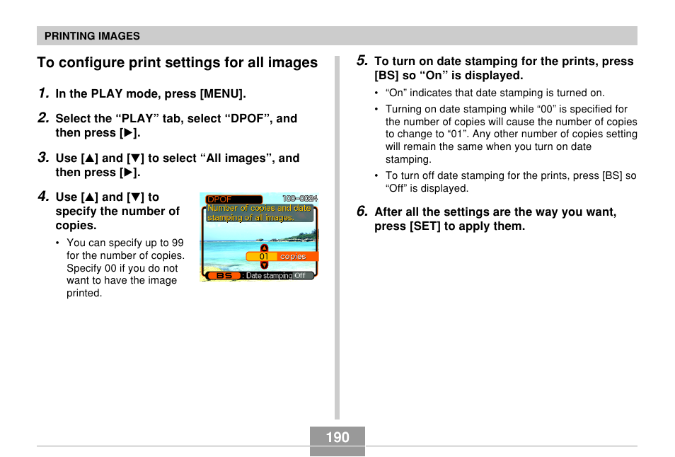 To configure print settings for all images | Casio EX-Z60 User Manual | Page 190 / 256