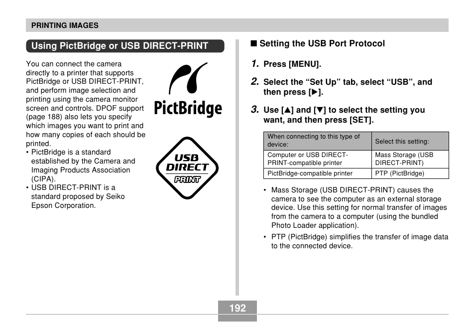 Using pictbridge or usb direct-print | Casio EX-Z60 User Manual | Page 192 / 256