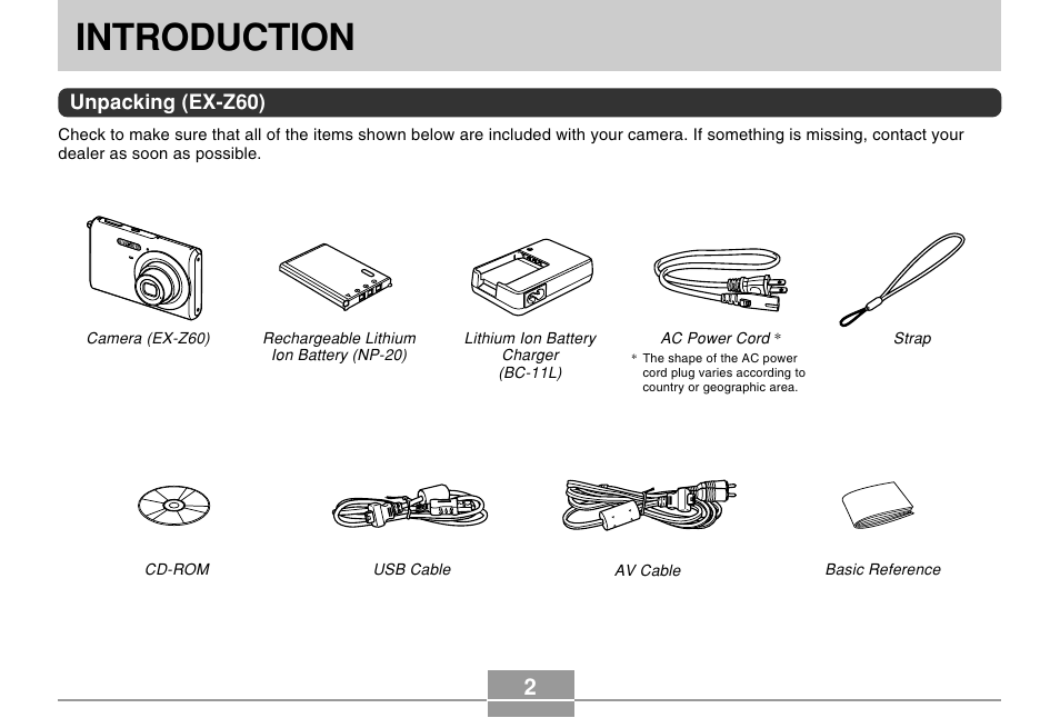Introduction, Unpacking (ex-z60) | Casio EX-Z60 User Manual | Page 2 / 256