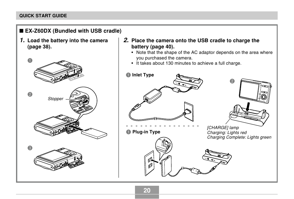 Ex-z60dx (bundled with usb cradle), Load the battery into the camera (page 38) | Casio EX-Z60 User Manual | Page 20 / 256