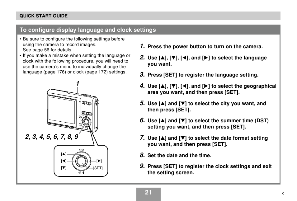 To configure display language and clock settings | Casio EX-Z60 User Manual | Page 21 / 256
