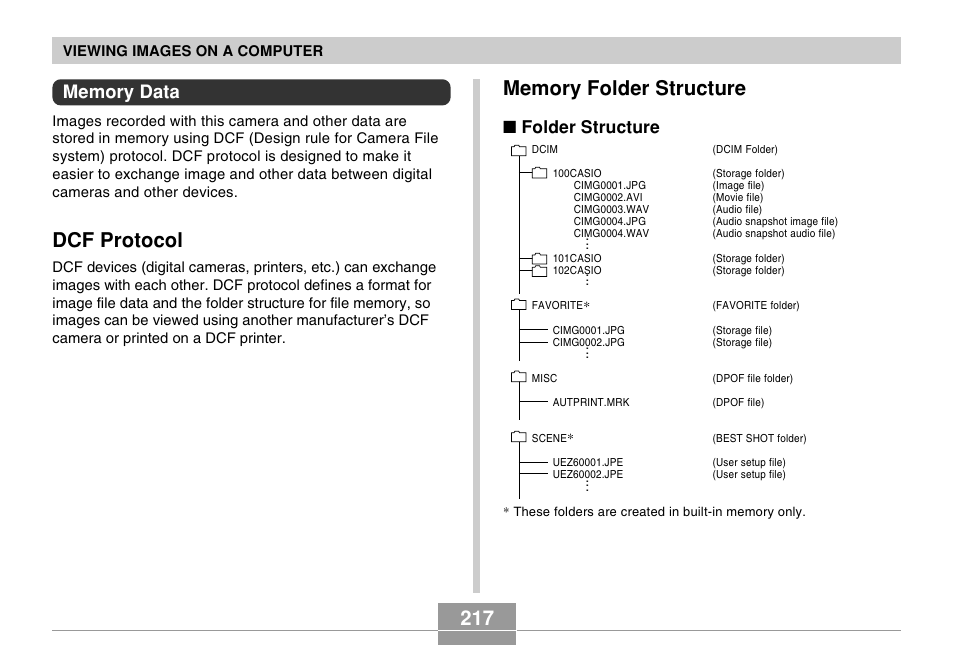 Memory data, Dcf protocol, Memory folder structure | Folder structure | Casio EX-Z60 User Manual | Page 217 / 256