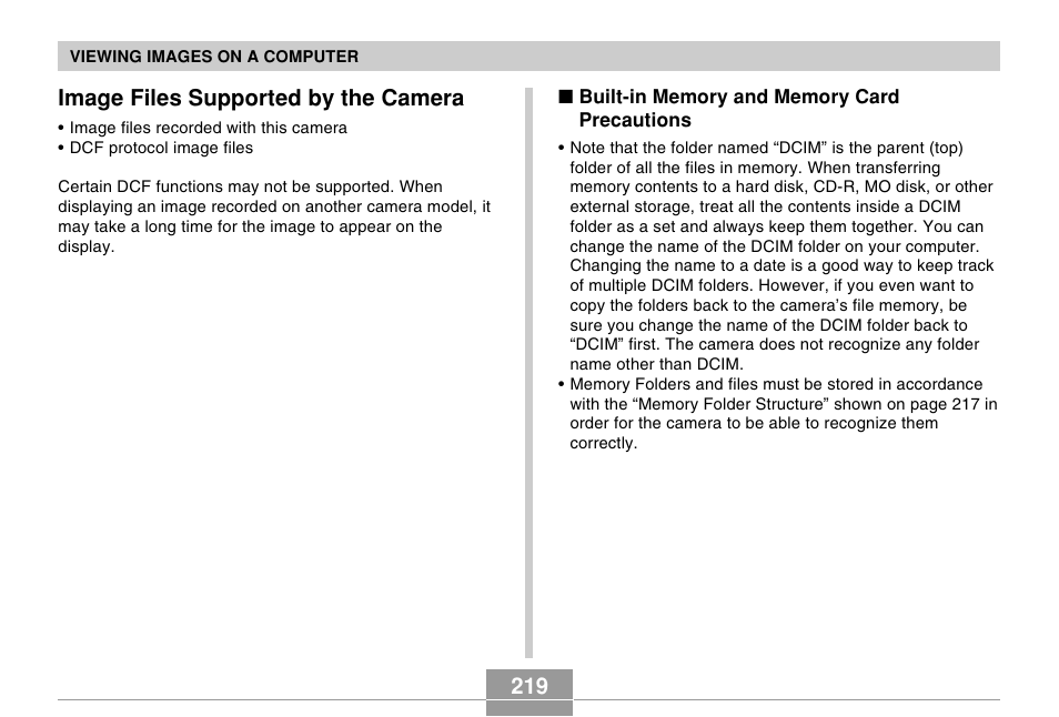 Image files supported by the camera, 219 image files supported by the camera | Casio EX-Z60 User Manual | Page 219 / 256