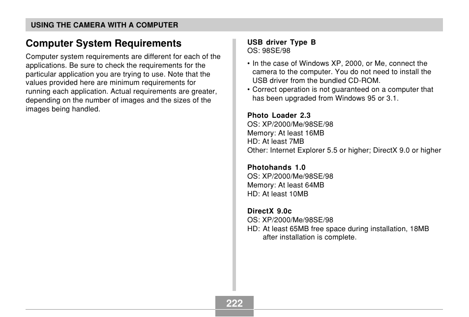 Computer system requirements, 222 computer system requirements | Casio EX-Z60 User Manual | Page 222 / 256