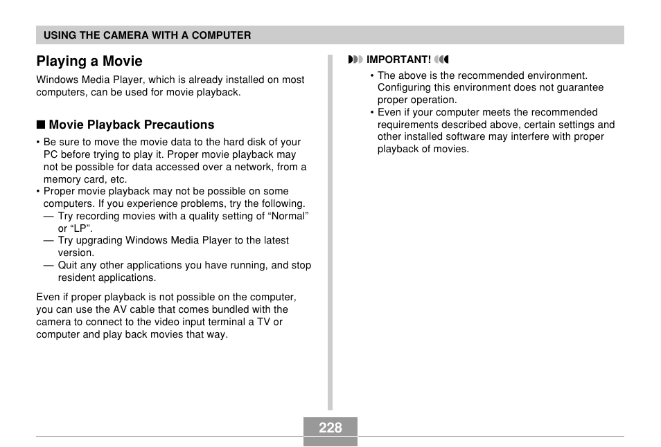 Playing a movie, 228 playing a movie | Casio EX-Z60 User Manual | Page 228 / 256