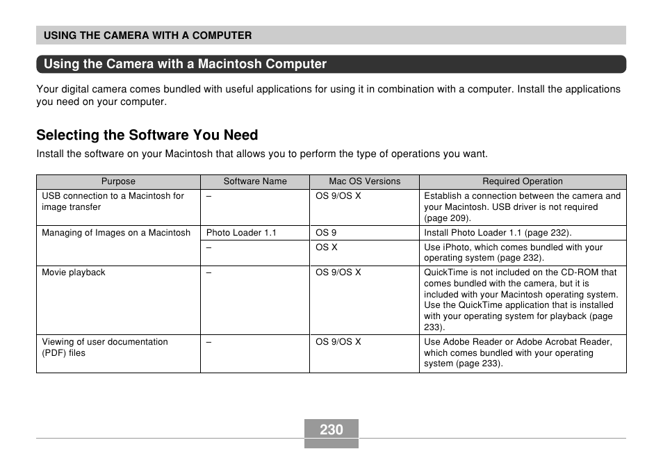Using the camera with a macintosh computer, Selecting the software you need | Casio EX-Z60 User Manual | Page 230 / 256