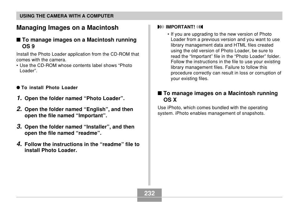 Managing images on a macintosh, 232 managing images on a macintosh | Casio EX-Z60 User Manual | Page 232 / 256