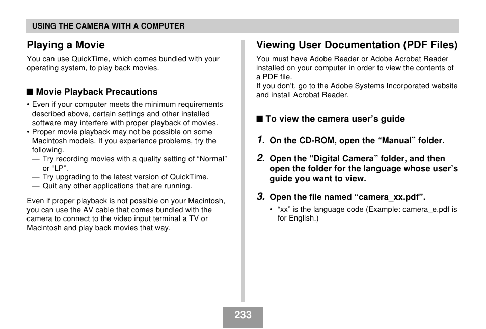 Playing a movie, Viewing user documentation (pdf files), 233 viewing user documentation (pdf files) | Casio EX-Z60 User Manual | Page 233 / 256