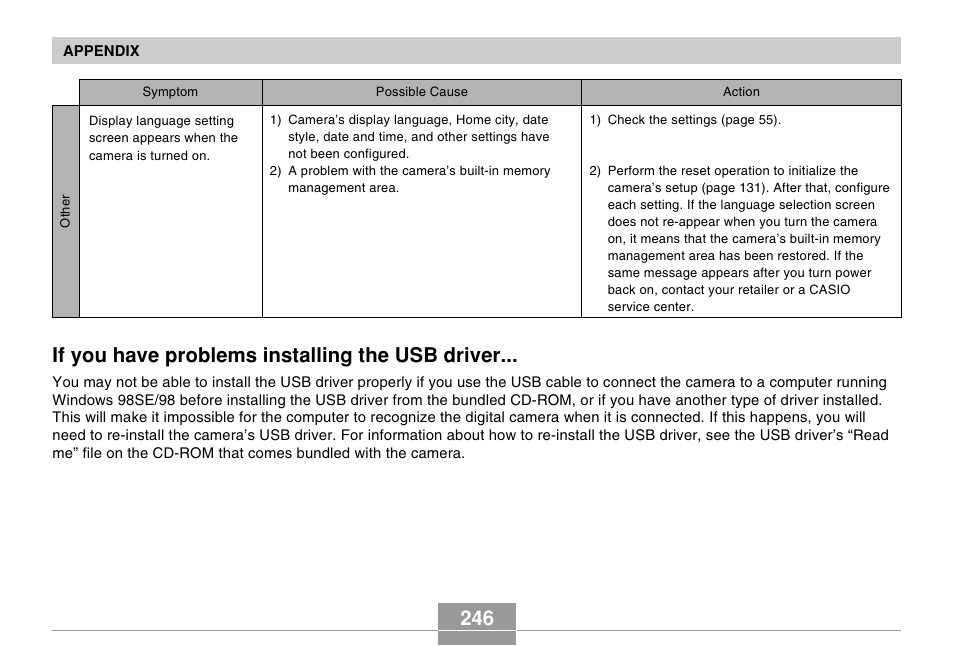 If you have problems installing the usb driver, 246 if you have problems installing the usb driver | Casio EX-Z60 User Manual | Page 246 / 256
