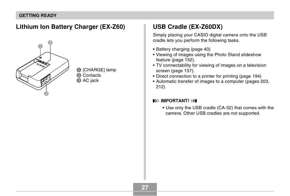 Lithium ion battery charger (ex-z60), Usb cradle (ex-z60dx) | Casio EX-Z60 User Manual | Page 27 / 256