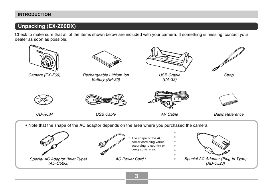 Unpacking (ex-z60dx) | Casio EX-Z60 User Manual | Page 3 / 256