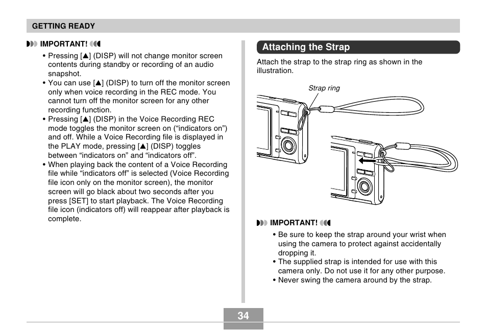Attaching the strap | Casio EX-Z60 User Manual | Page 34 / 256