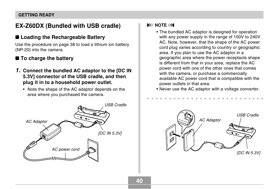 Ex-z60dx (bundled with usb cradle), 40 ex-z60dx (bundled with usb cradle), Loading the rechargeable battery | Getting ready, Usb cradle ac adaptor [dc in 5.3v | Casio EX-Z60 User Manual | Page 40 / 256