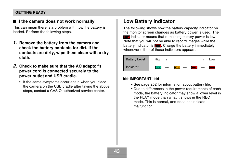 Low battery indicator | Casio EX-Z60 User Manual | Page 43 / 256