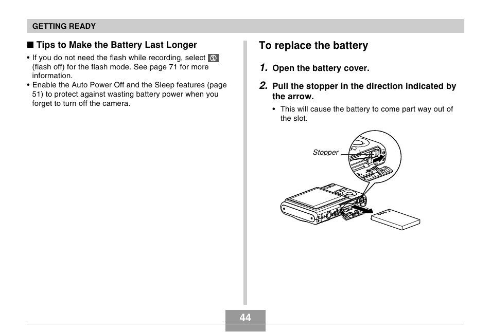 To replace the battery | Casio EX-Z60 User Manual | Page 44 / 256