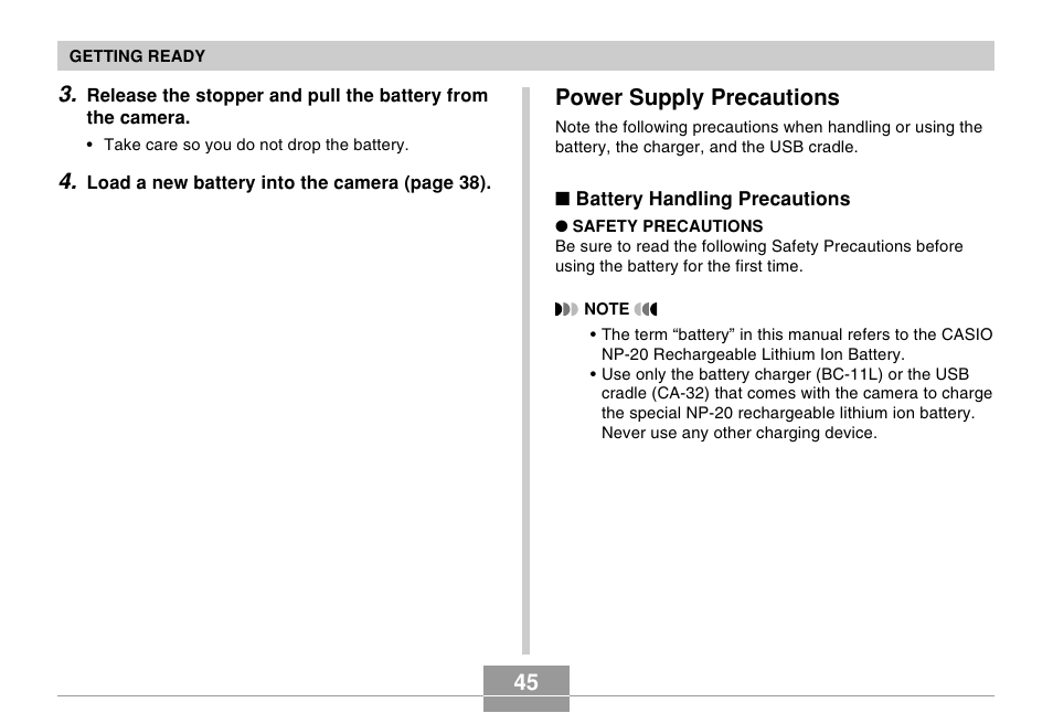 Power supply precautions | Casio EX-Z60 User Manual | Page 45 / 256
