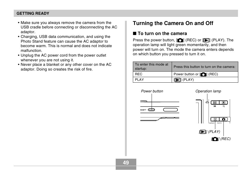 Turning the camera on and off | Casio EX-Z60 User Manual | Page 49 / 256