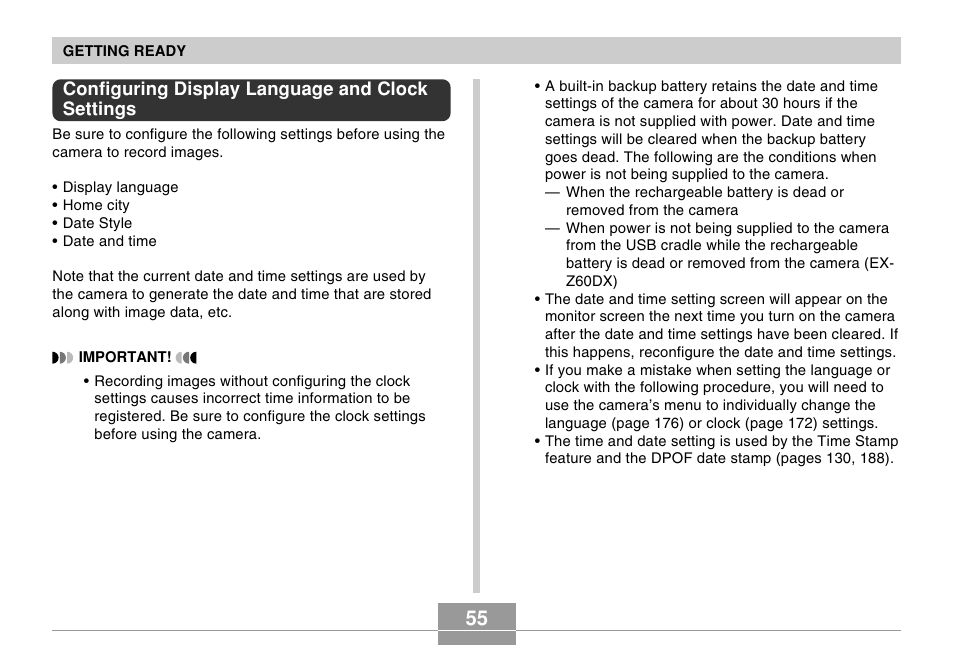Configuring display language and clock settings | Casio EX-Z60 User Manual | Page 55 / 256