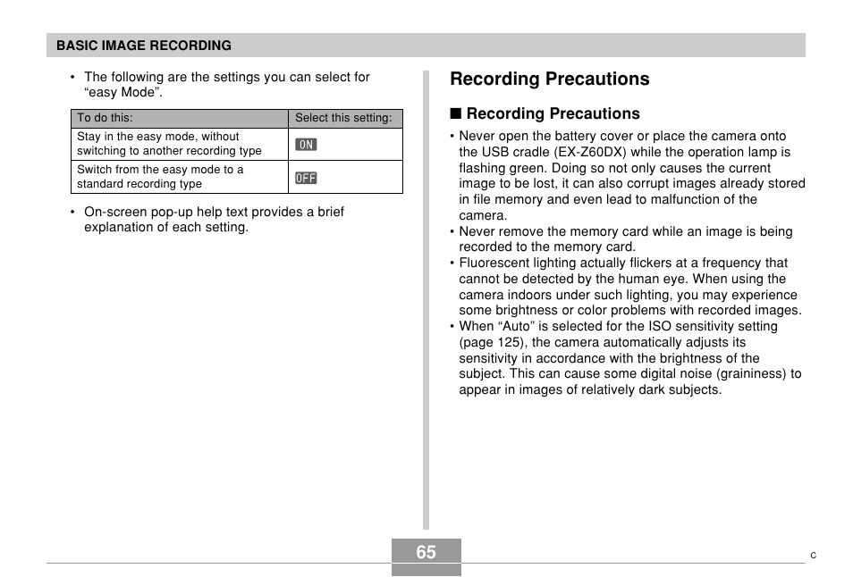 Recording precautions, 65 recording precautions | Casio EX-Z60 User Manual | Page 65 / 256