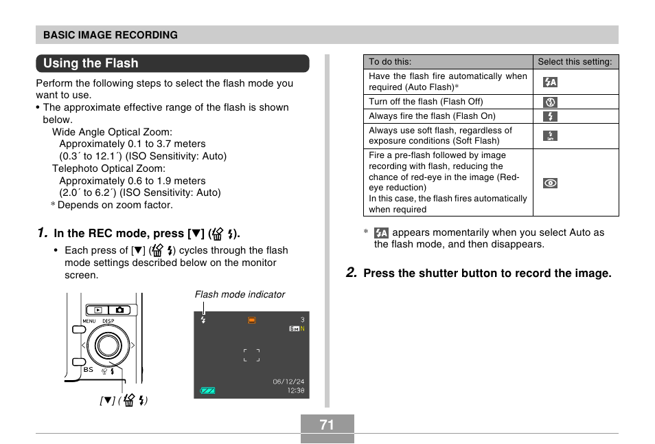 Using the flash | Casio EX-Z60 User Manual | Page 71 / 256