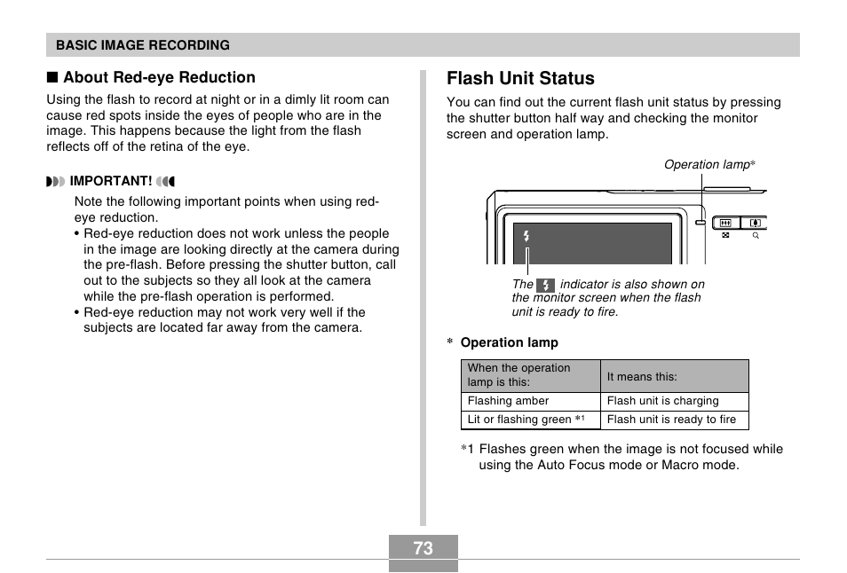 Flash unit status, 73 flash unit status | Casio EX-Z60 User Manual | Page 73 / 256