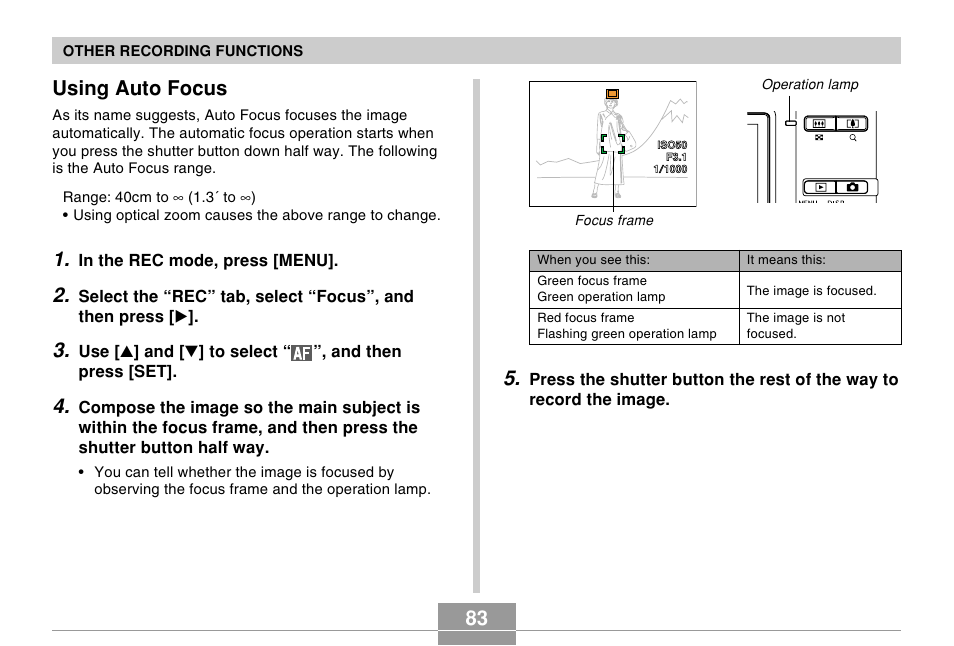 Using auto focus | Casio EX-Z60 User Manual | Page 83 / 256