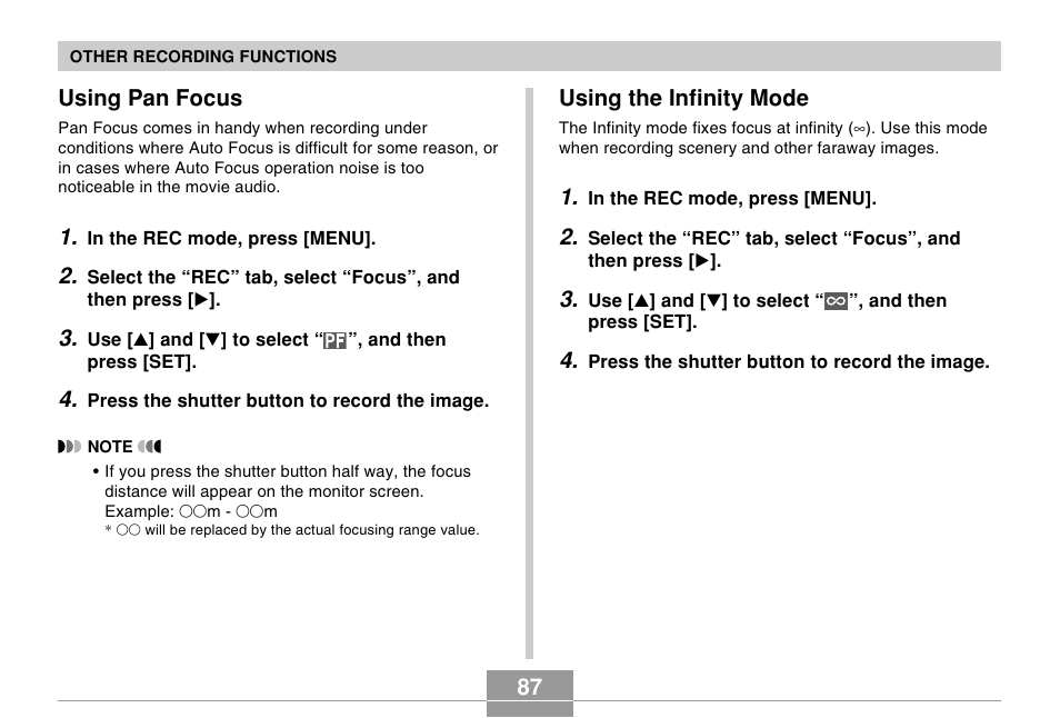 Using pan focus, Using the infinity mode, 87 using pan focus | Casio EX-Z60 User Manual | Page 87 / 256