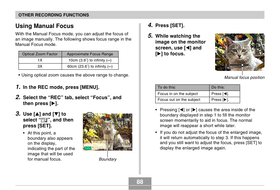 Using manual focus | Casio EX-Z60 User Manual | Page 88 / 256