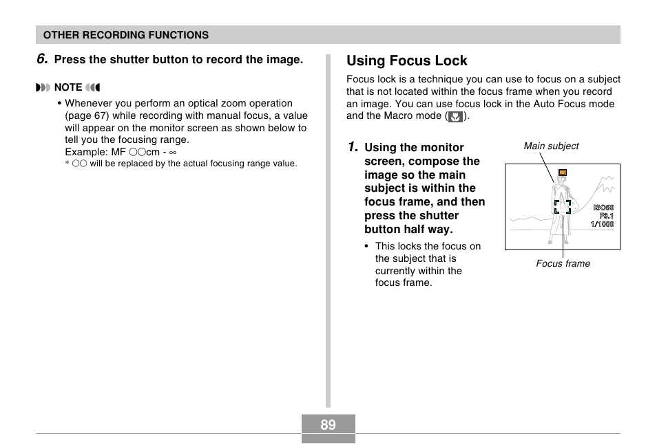 Using focus lock | Casio EX-Z60 User Manual | Page 89 / 256