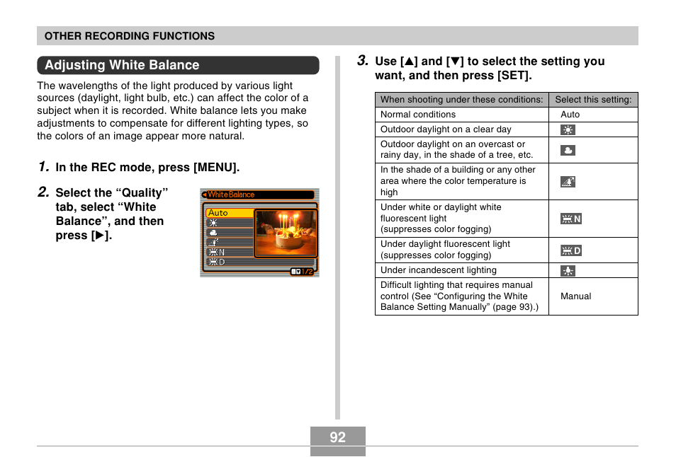 Adjusting white balance | Casio EX-Z60 User Manual | Page 92 / 256