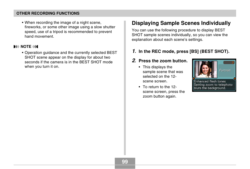 Displaying sample scenes individually | Casio EX-Z60 User Manual | Page 99 / 256