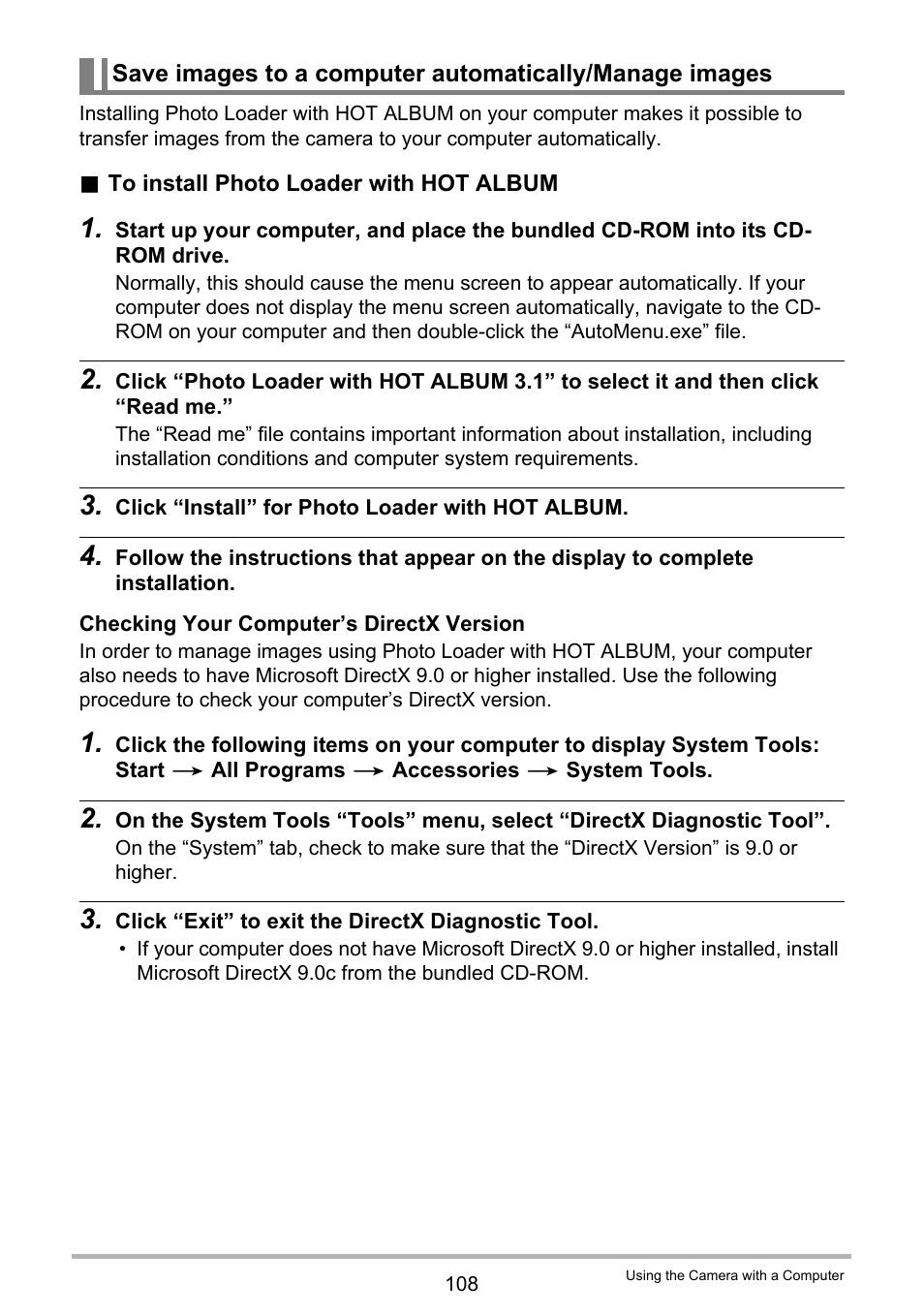 To install photo loader with hot, Ge 108) | Casio exilim EX-Z80 User Manual | Page 108 / 165