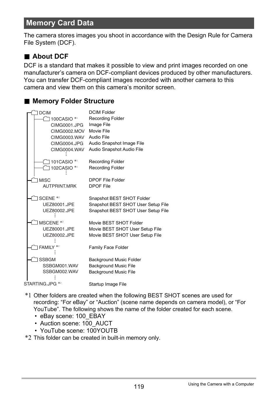 Memory card data, Nized in memory, see “memory folder, About dcf | Casio exilim EX-Z80 User Manual | Page 119 / 165