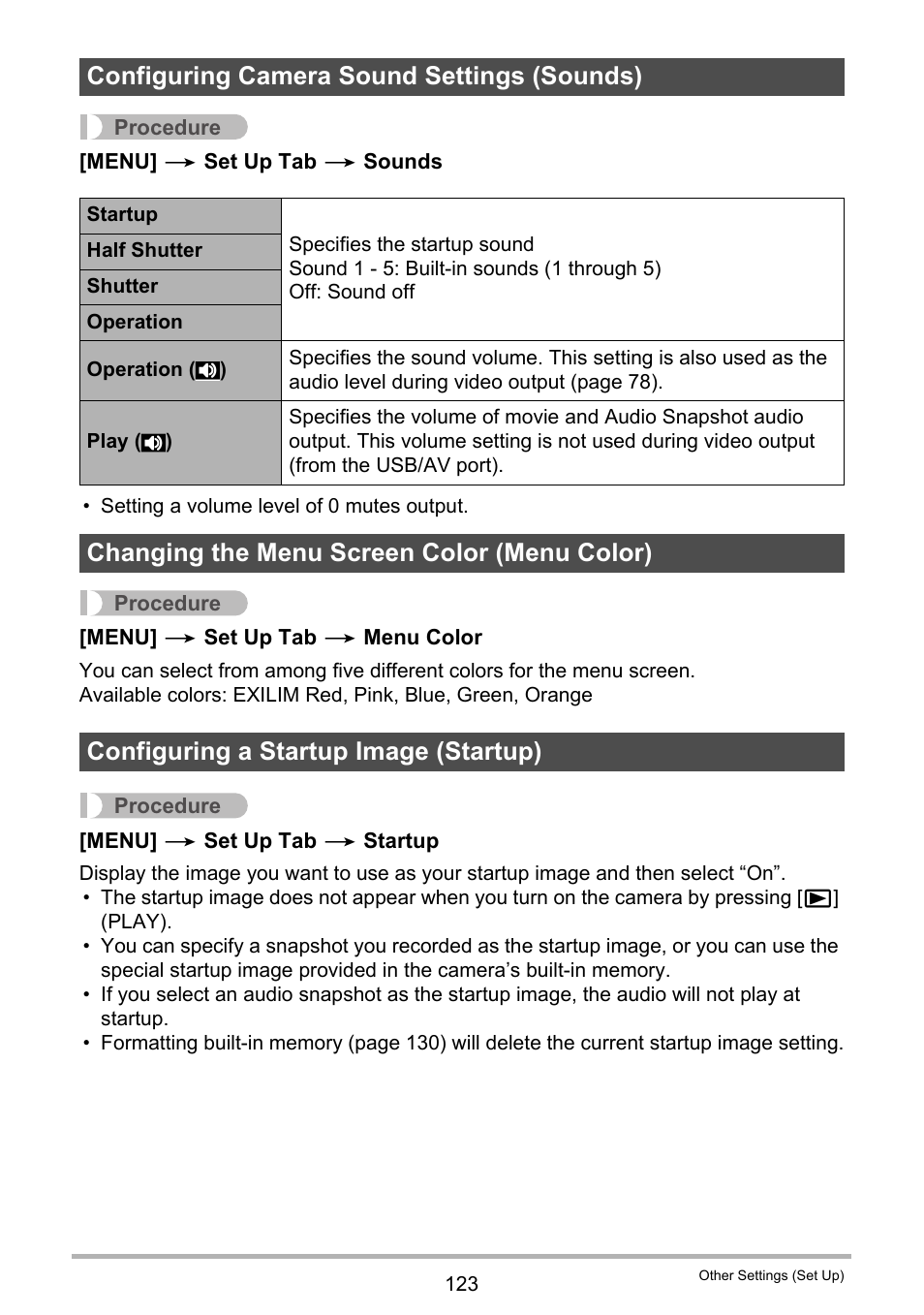 Configuring camera sound settings (sounds), Changing the menu screen color (menu color), Configuring a startup image (startup) | Casio exilim EX-Z80 User Manual | Page 123 / 165