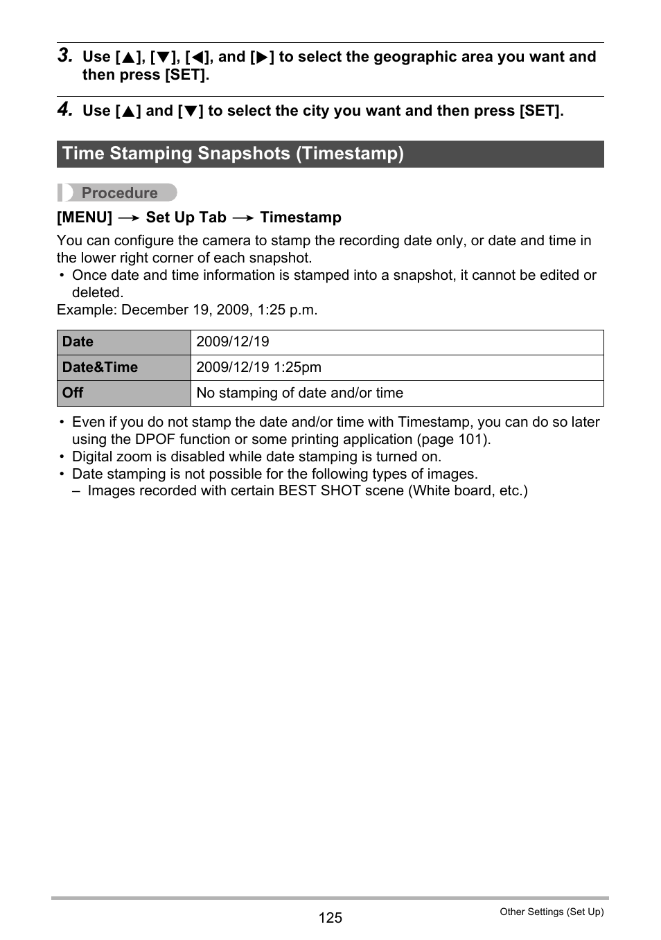 Time stamping snapshots (timestamp) | Casio exilim EX-Z80 User Manual | Page 125 / 165