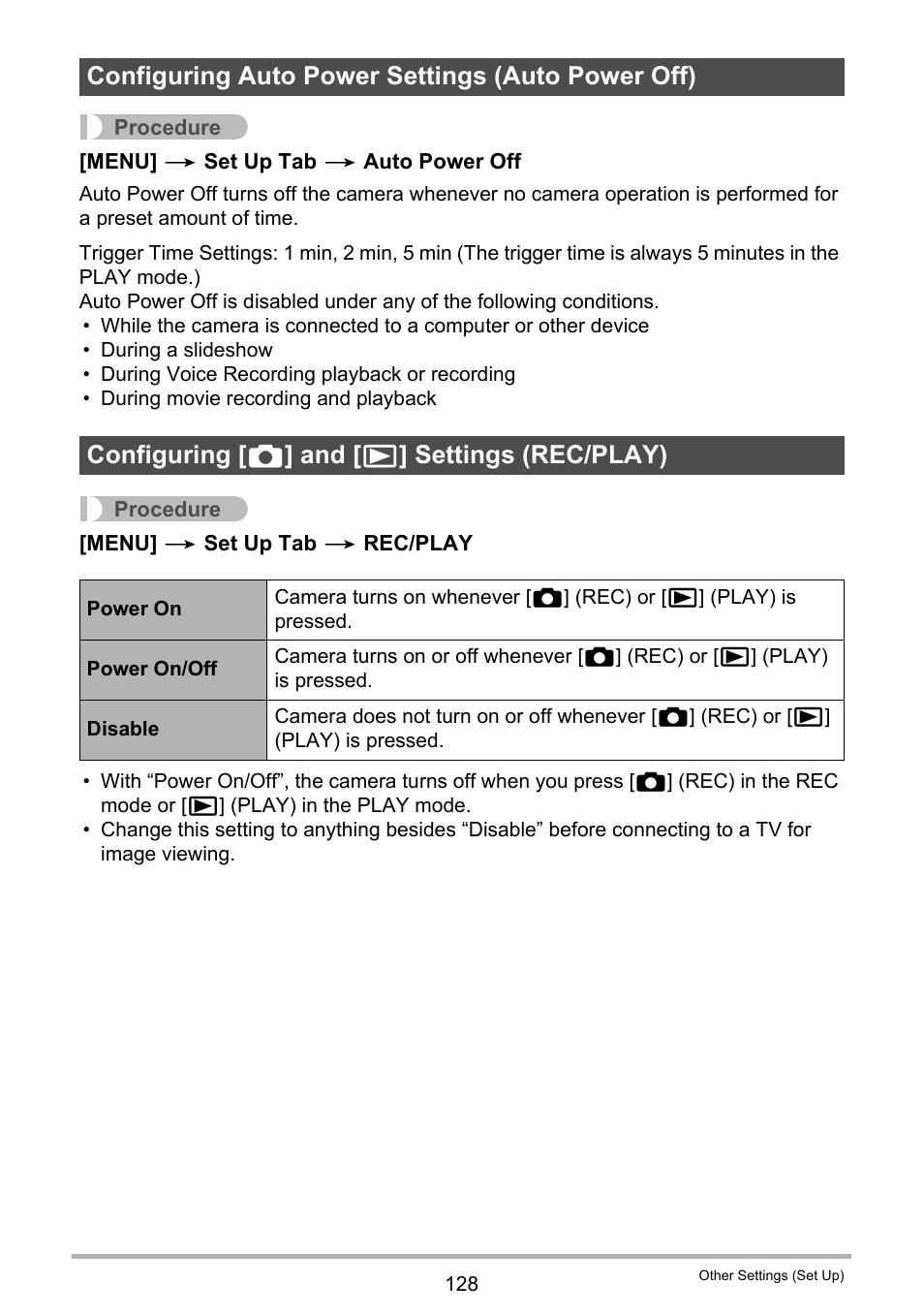 Configuring auto power settings (auto power off), Configuring [_] and [>] settings (rec/play) | Casio exilim EX-Z80 User Manual | Page 128 / 165