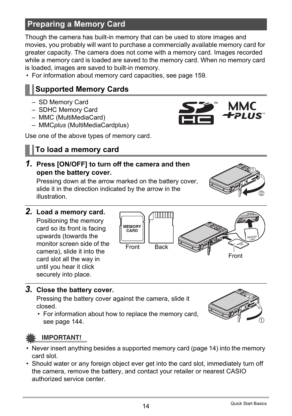 Preparing a memory card, Supported memory cards, To load a memory card | Casio exilim EX-Z80 User Manual | Page 14 / 165