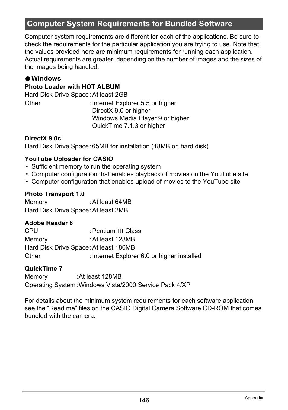 Computer system requirements for bundled software | Casio exilim EX-Z80 User Manual | Page 146 / 165