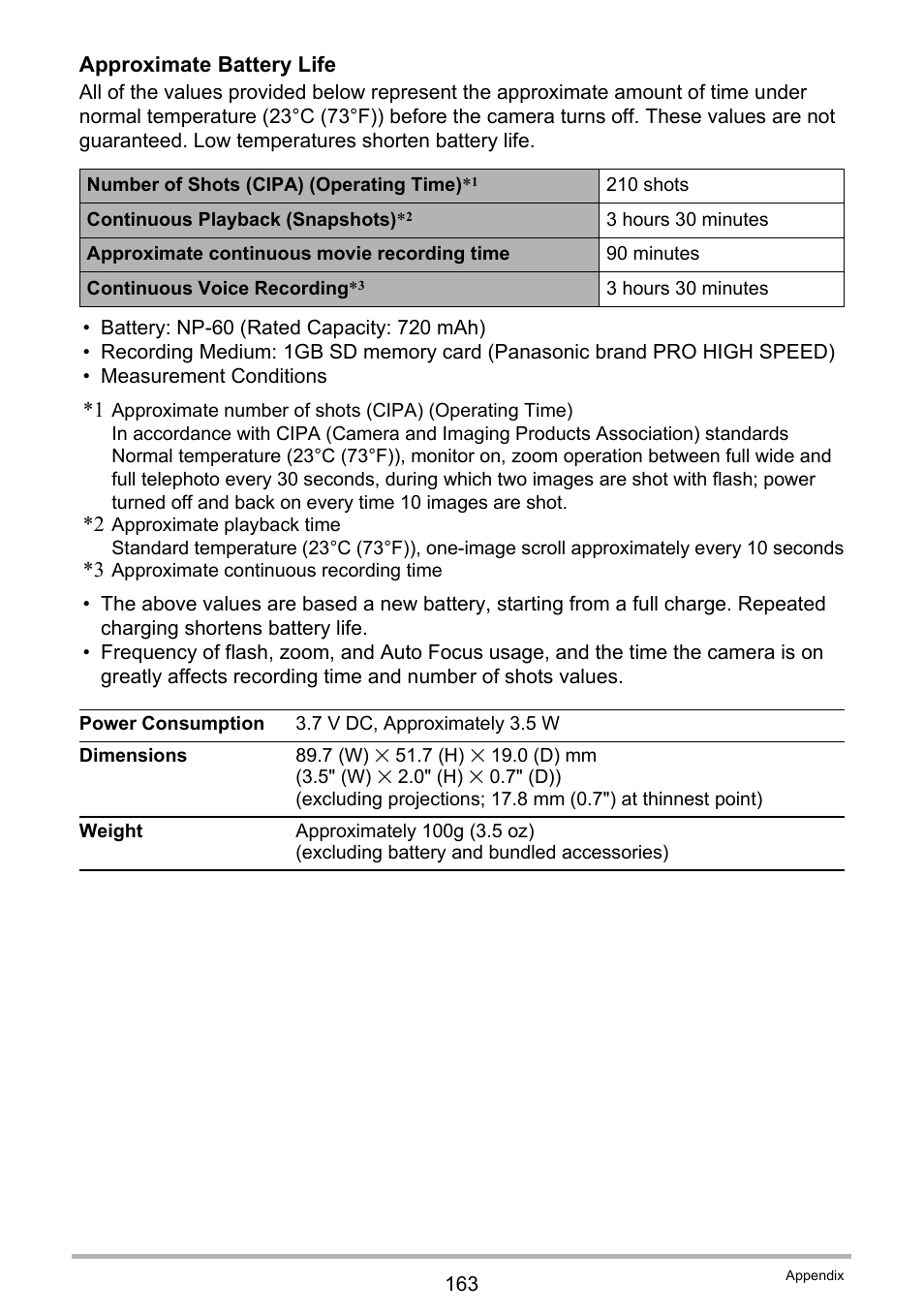 Ge 163 for, Approximate battery life | Casio exilim EX-Z80 User Manual | Page 163 / 165