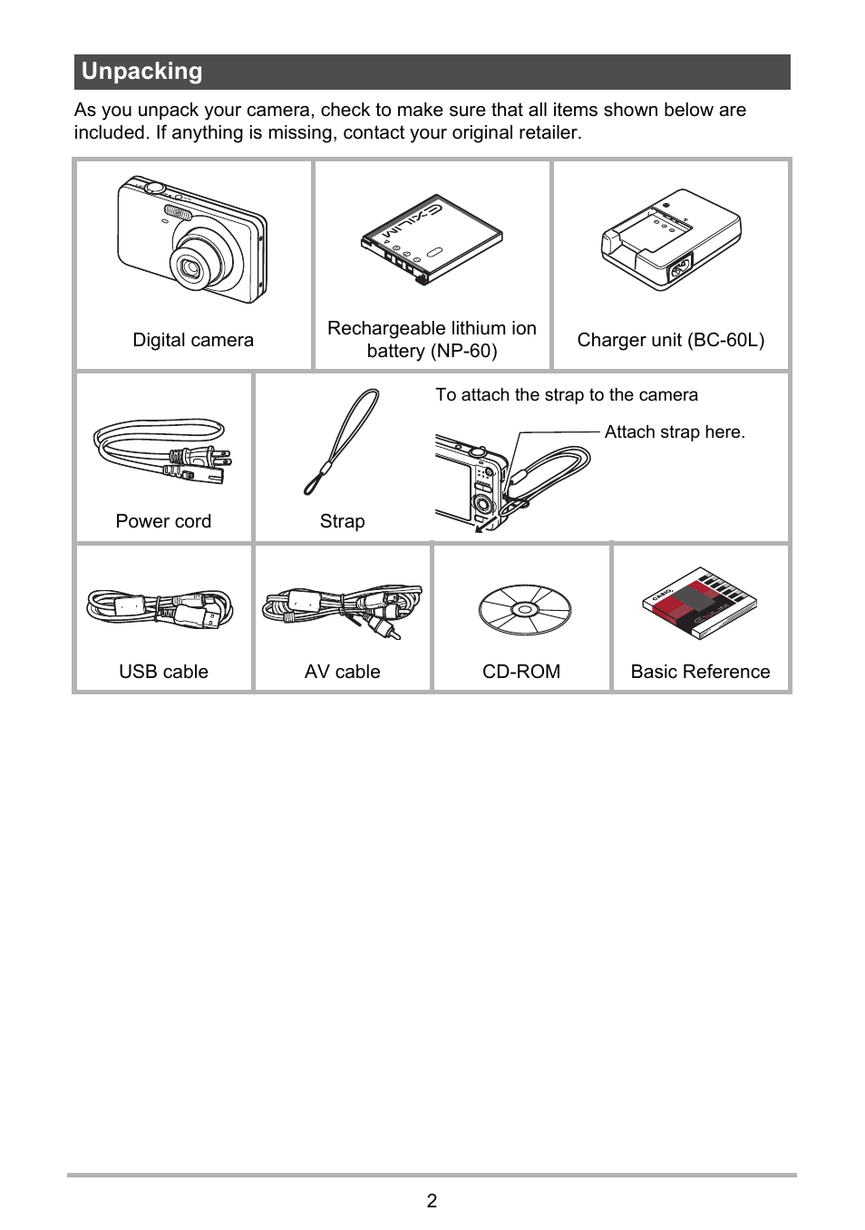 Unpacking | Casio exilim EX-Z80 User Manual | Page 2 / 165