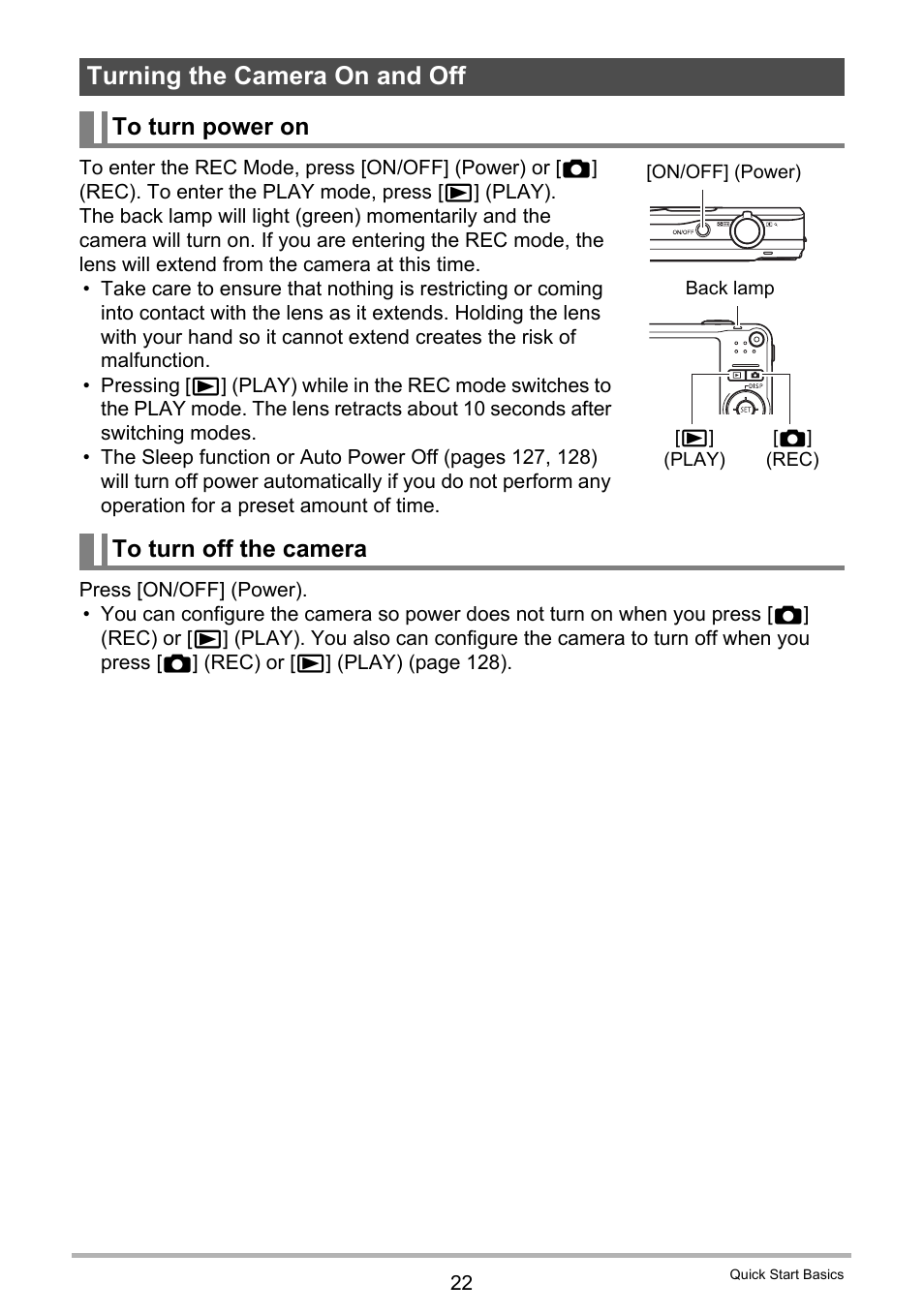 Turning the camera on and off, To turn power on, To turn off the camera | Casio exilim EX-Z80 User Manual | Page 22 / 165