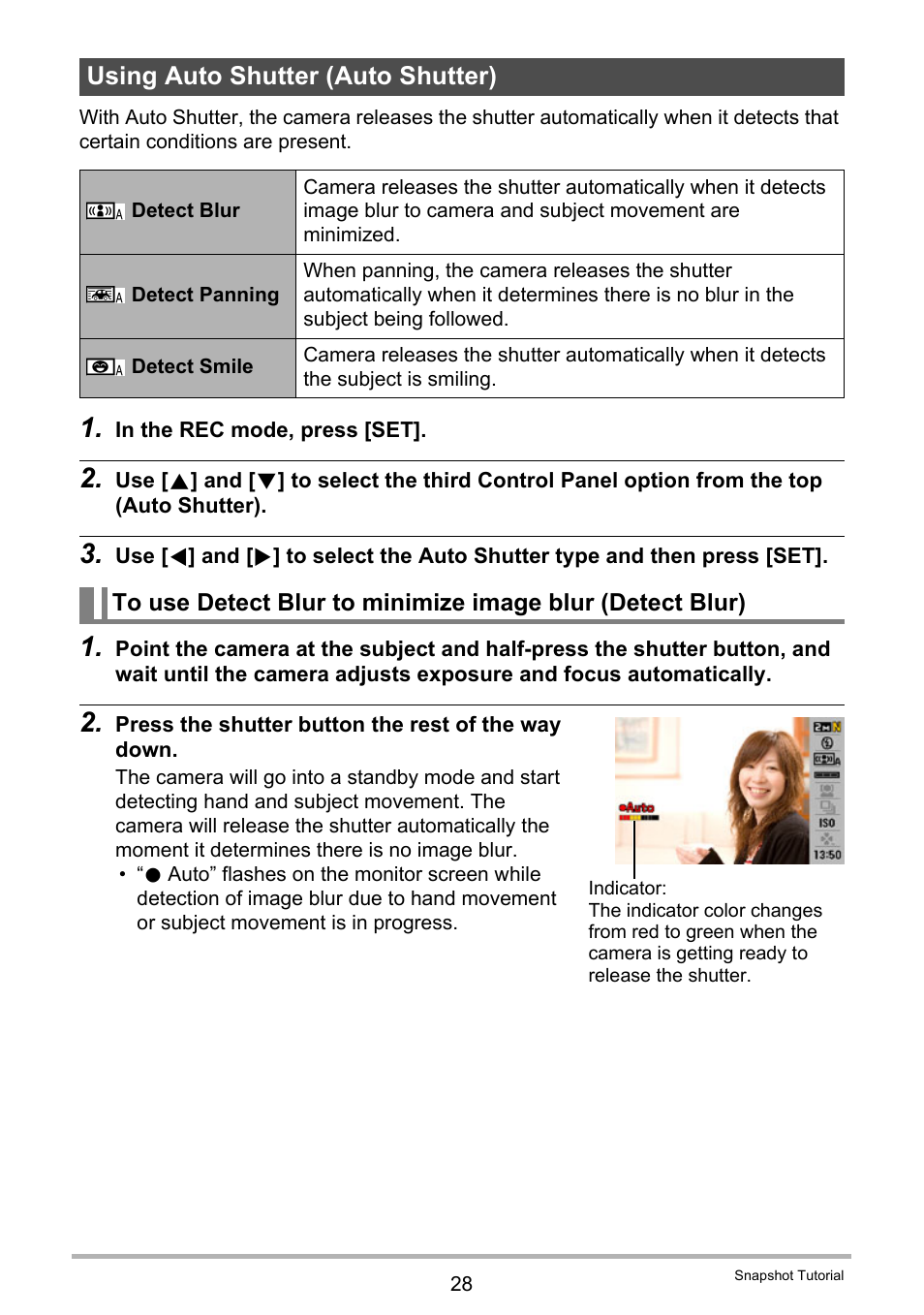 Using auto shutter (auto shutter) | Casio exilim EX-Z80 User Manual | Page 28 / 165