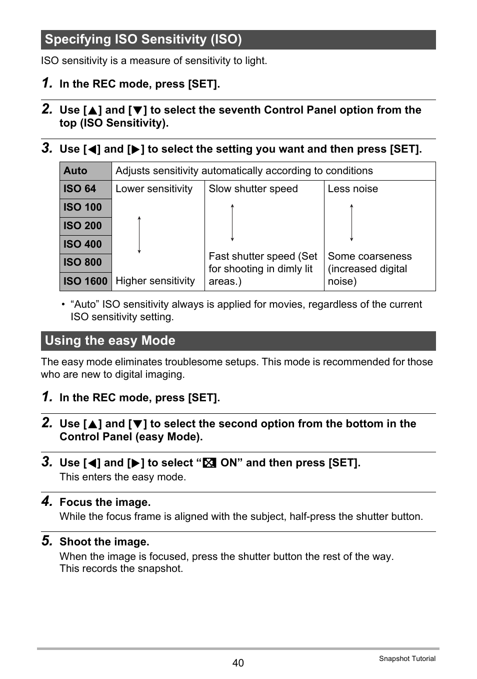 Specifying iso sensitivity (iso), Using the easy mode | Casio exilim EX-Z80 User Manual | Page 40 / 165