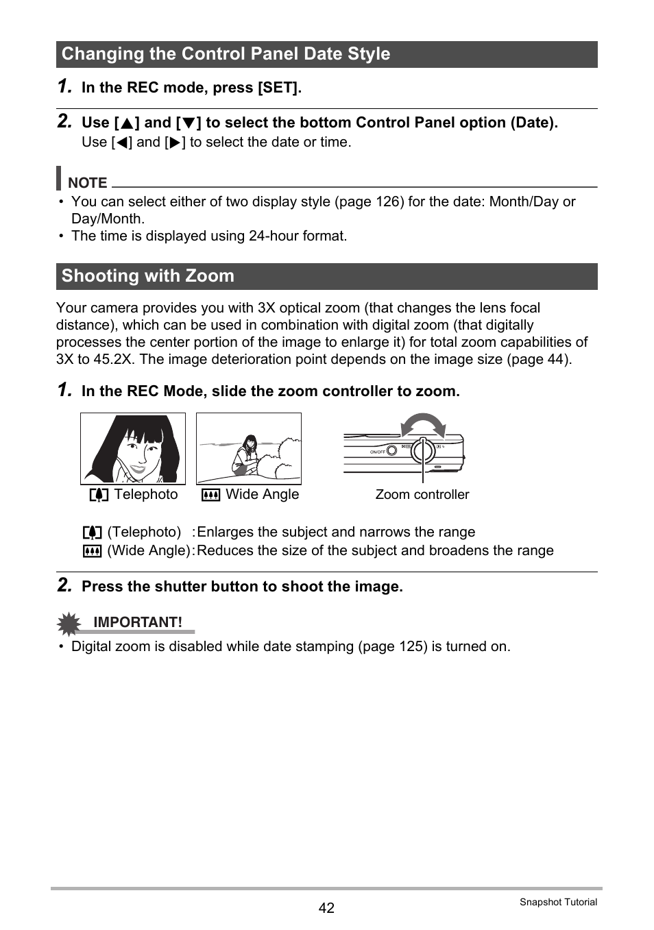Changing the control panel date style, Shooting with zoom | Casio exilim EX-Z80 User Manual | Page 42 / 165
