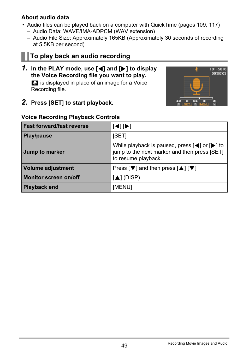 To play back an audio recording | Casio exilim EX-Z80 User Manual | Page 49 / 165