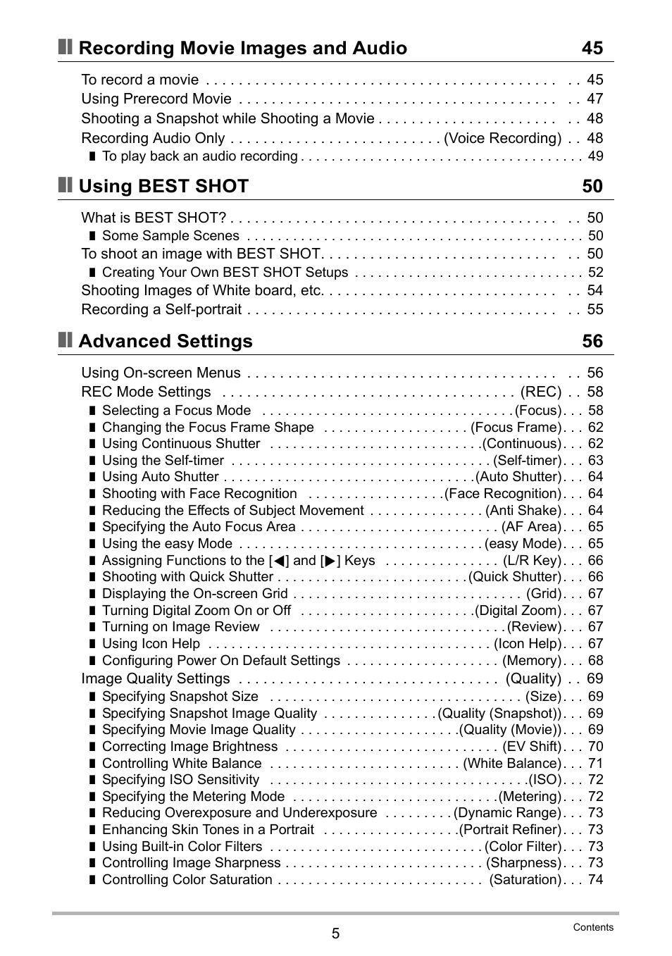 Recording movie images and audio 45, Using best shot 50, Advanced settings 56 | Casio exilim EX-Z80 User Manual | Page 5 / 165