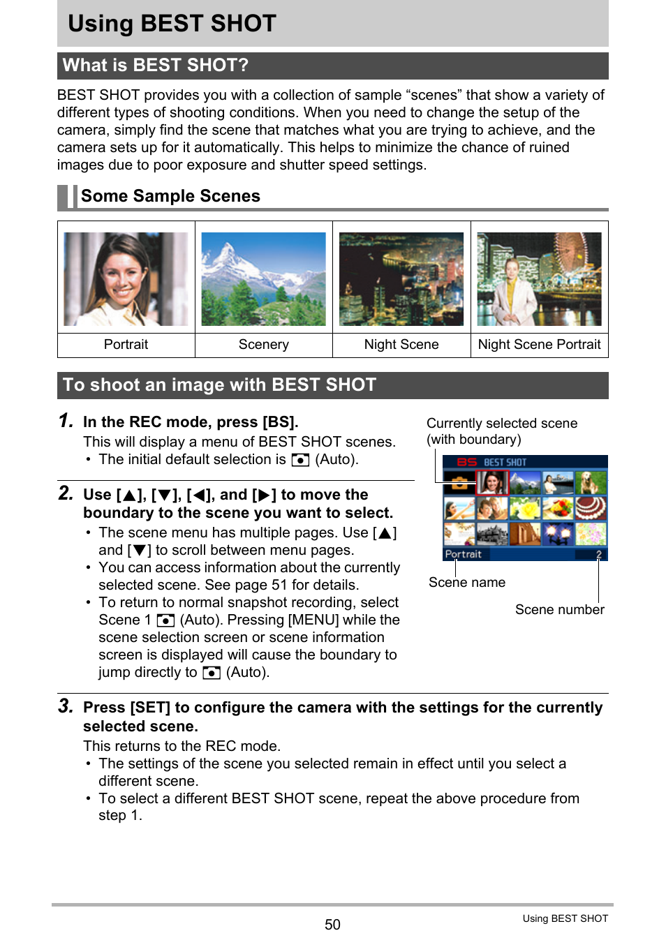 Using best shot, What is best shot, Some sample scenes | To shoot an image with best shot | Casio exilim EX-Z80 User Manual | Page 50 / 165